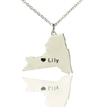 Personalised NY State Shaped Necklaces With Heart Name Silver