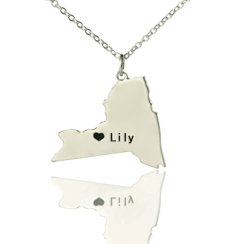 Personalised New York state-shaped heart name necklace in silver
