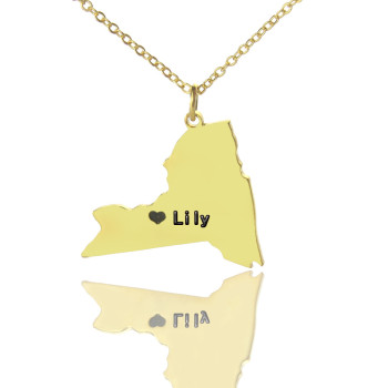 Personalised NY State Shaped Necklaces With Heart Name Gold Plated