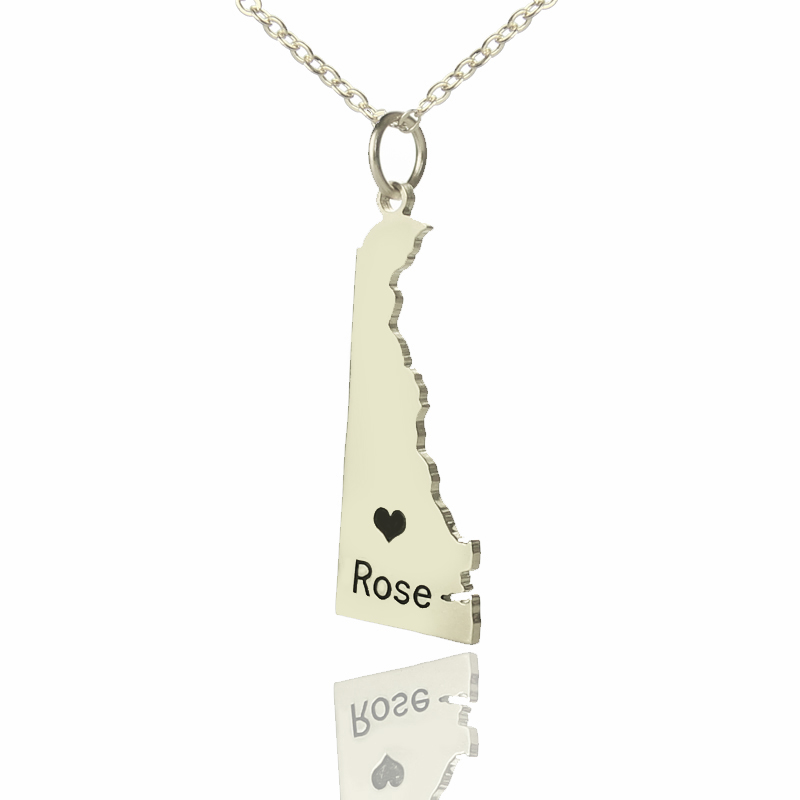 Custom Delaware State Heart Name Necklace Custom Delaware state heart name necklace in silver