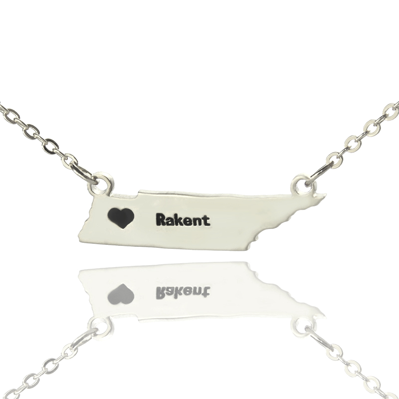 Custom Tennessee state-shaped heart name necklace in silver
