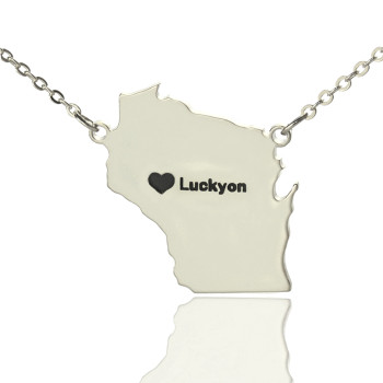 Custom Wisconsin State Shaped Necklaces With Heart Name Silver