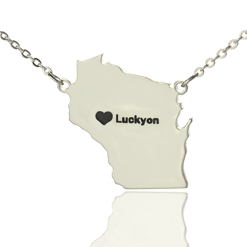 Custom Wisconsin state-shaped heart and name necklace