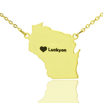 Custom Wisconsin State Shaped Necklaces With Heart Name Gold Plated