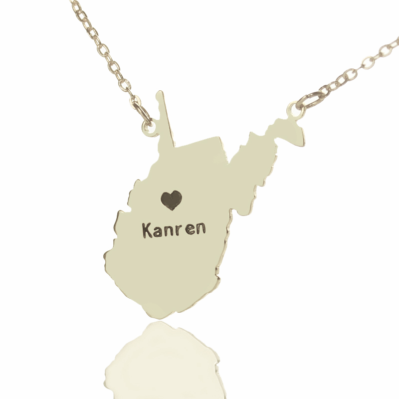 Custom West Virginia state-shaped heart name necklace