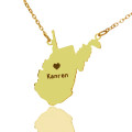 Gold West Virginia State Name Necklace with Heart Custom gold West Virginia state-shaped name necklace with heart detail