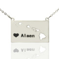 Custom Hawaii state shaped heart name necklace in silver