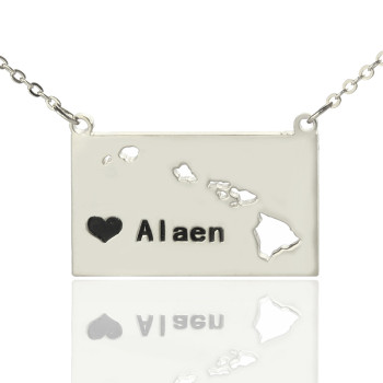 Custom Hawaii State Shaped Necklaces With Heart Name Silver