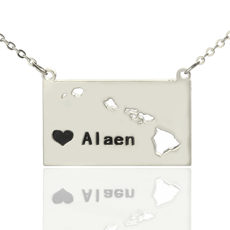 Custom Hawaii state shaped heart name necklace in silver
