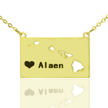 Custom Hawaii State Shaped Necklaces With Heart Name Gold Plated