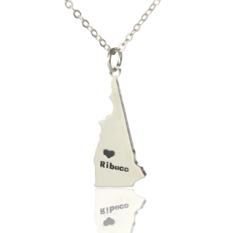 Custom New Hampshire state-shaped heart name necklace in silver