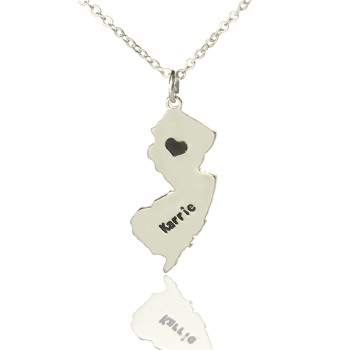 Custom New Jersey State Shaped Necklaces With Heart Name Silver