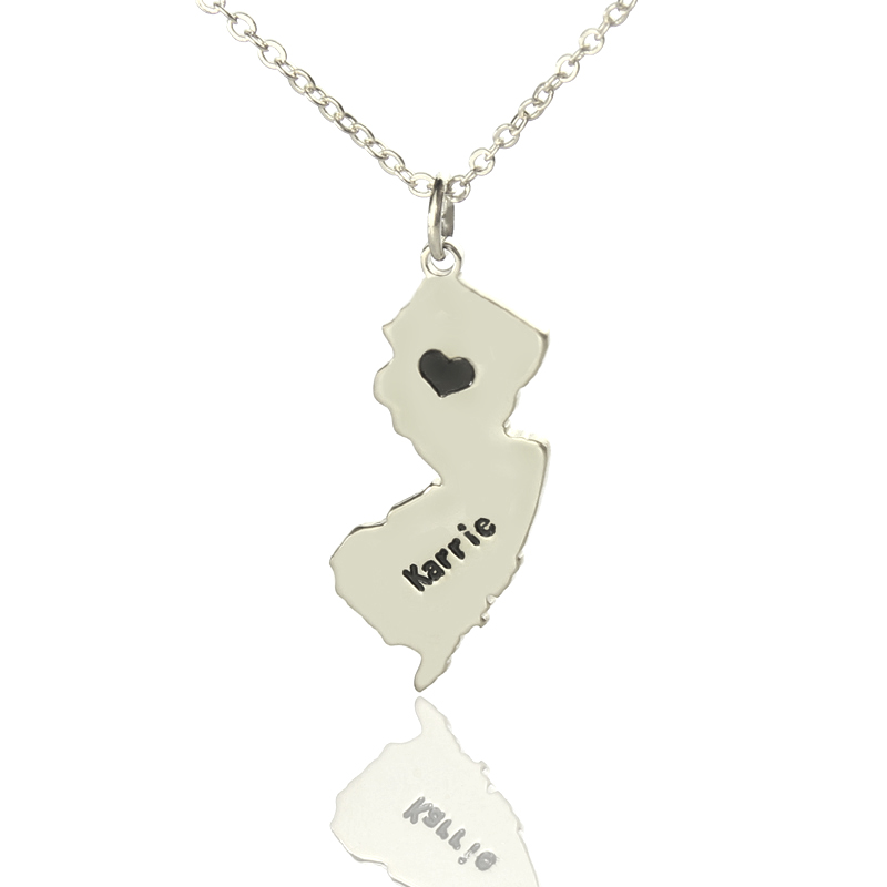Custom New Jersey state-shaped heart name necklace