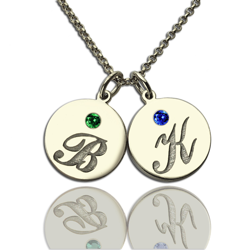 Personalised disc necklace with initials and an optional birthstone