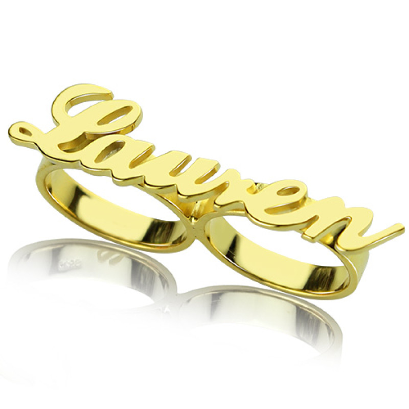 Custom Allegro two-finger name ring in gold-plated finish