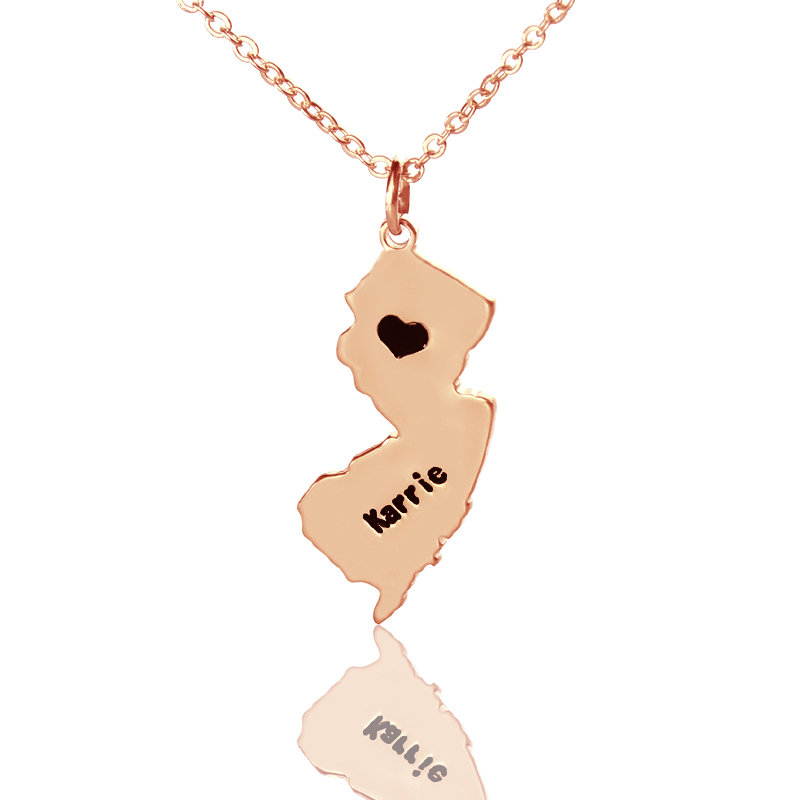 Custom New Jersey state-shaped heart name necklace