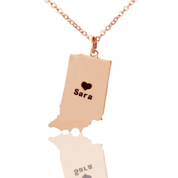 Custom Indiana State Shaped Necklaces With Heart Name Rose Gold