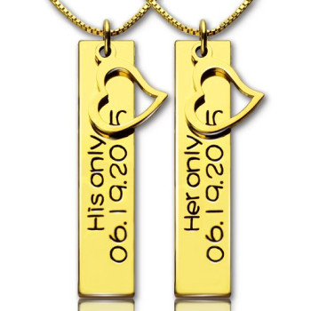 Couples Bar Necklace Engraved Name Date 18ct Gold Plated
