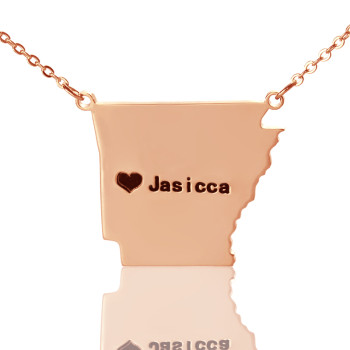Custom AR State USA Map Necklace With Heart Name Rose Gold