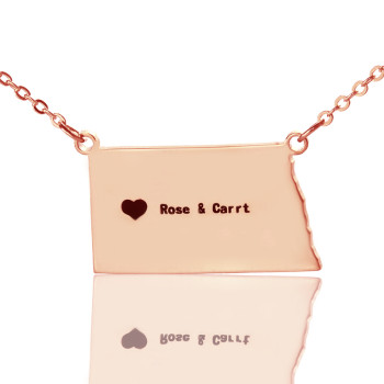 Personalised ND State USA Map Necklace With Heart Name Rose Gold