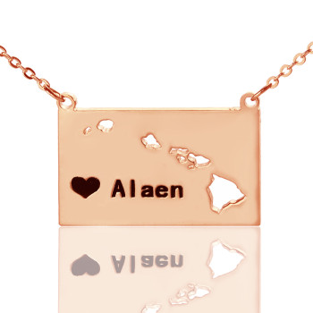 Custom Hawaii State Shaped Necklaces With Heart Name Rose Gold