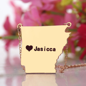 Custom AR State USA Map Necklace With Heart Name Rose Gold