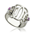 Sterling Silver Three-Initial Birthstone Monogram Ring Sterling silver three-initial monogram ring with birthstones