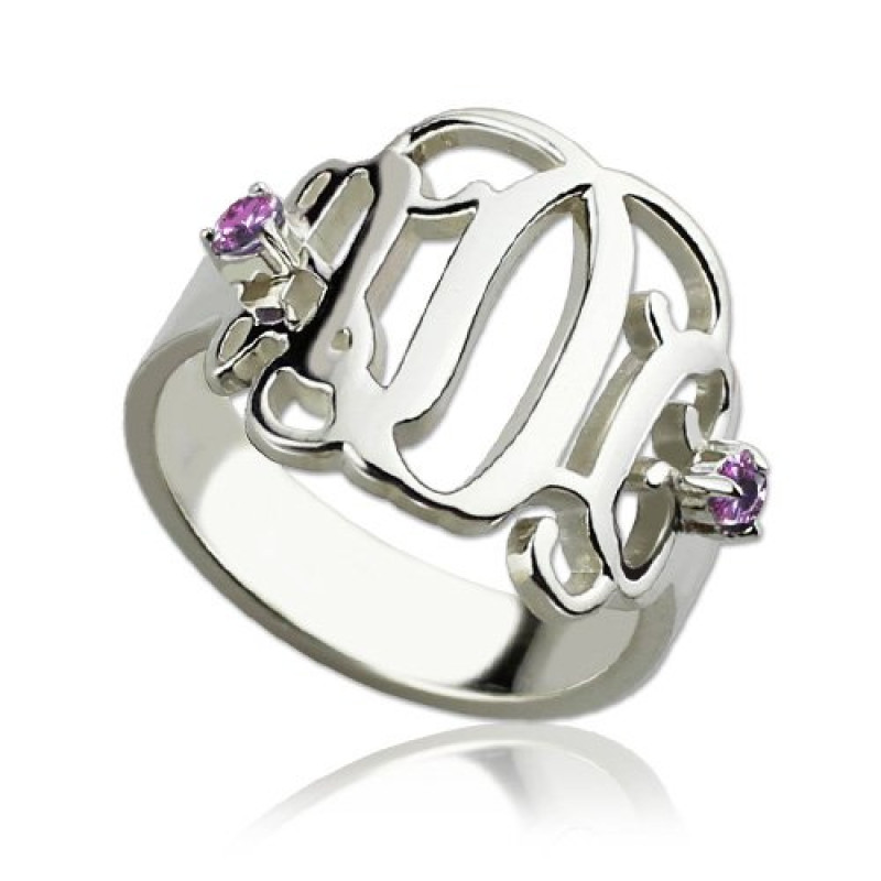 Sterling Silver Three-Initial Birthstone Monogram Ring Sterling silver three-initial monogram ring with birthstones