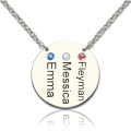 Personalised silver disc necklace with engraved names and birthstones