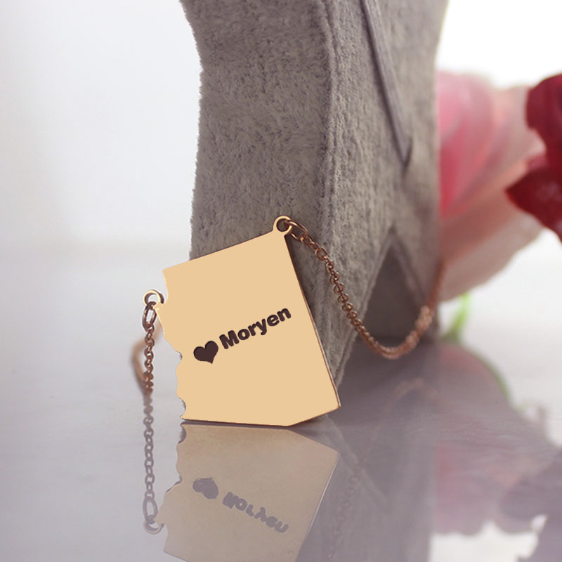 Custom Arizona state-shaped name necklace with heart detail