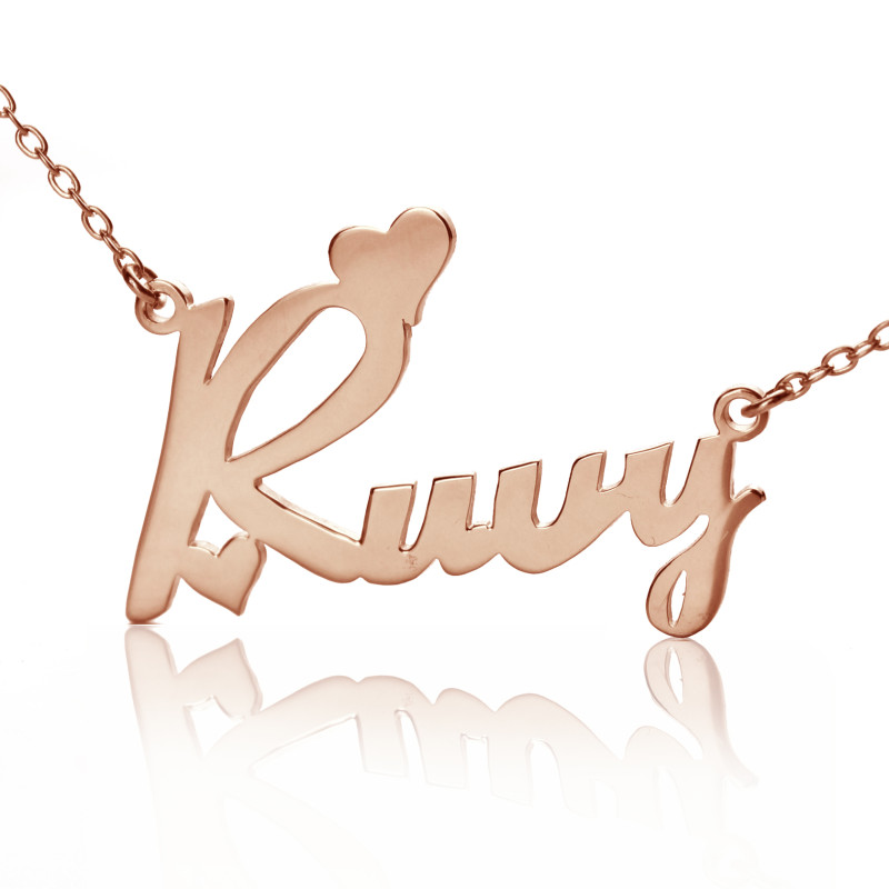 Personalised 18ct rose gold plated Fiolex Girls font heart name necklace