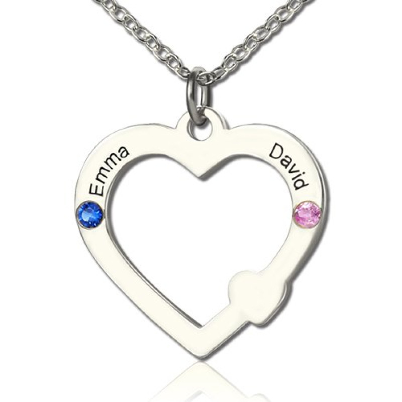 Personalised double name open heart necklace with birthstone