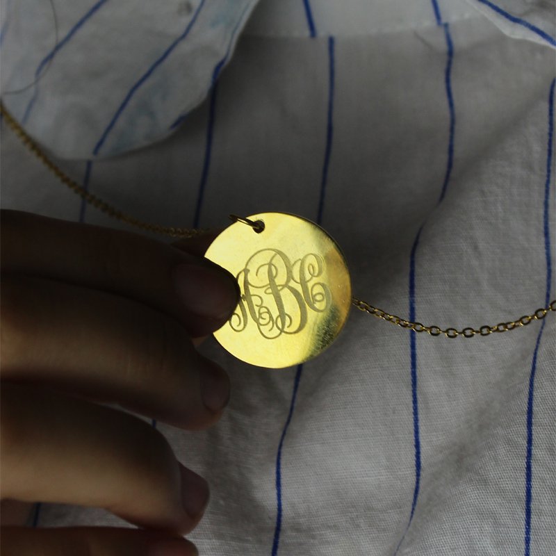 Personalised disc script monogram necklace with round engraved pendant
