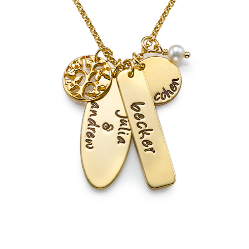 Personalised family tree necklace with engraved shapes and freshwater pearl
