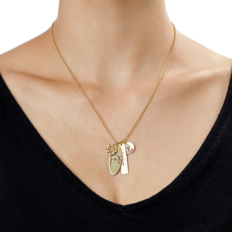 Personalised family tree necklace with engraved shapes and freshwater pearl