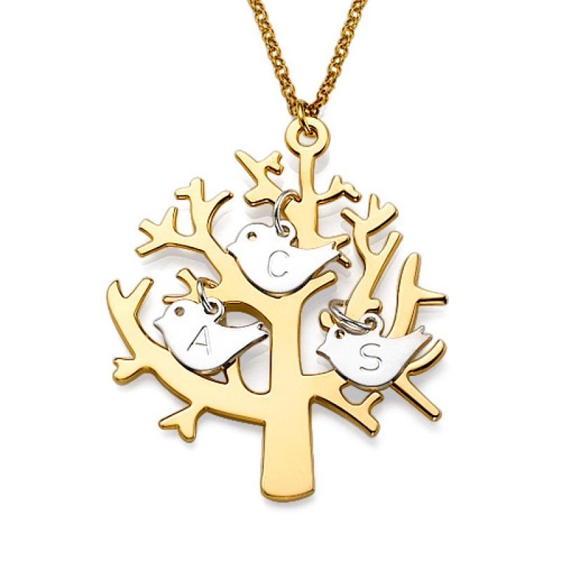 Gold plated tree necklace with sterling silver initial birds