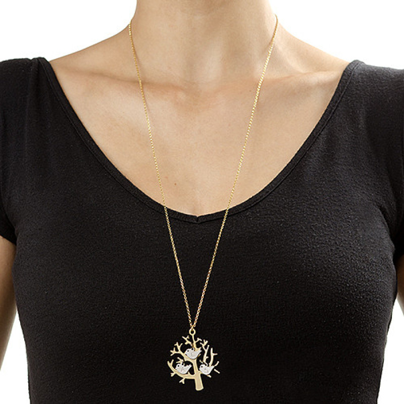 Gold plated tree necklace with sterling silver initial birds
