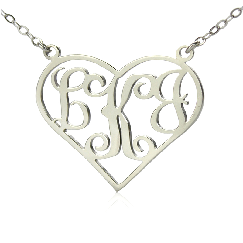 Solid white gold personalised heart initial monogram necklace