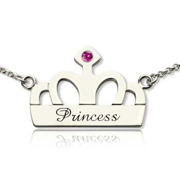 Crown Charm Neckalce with Birthstone Name Sterling Silver