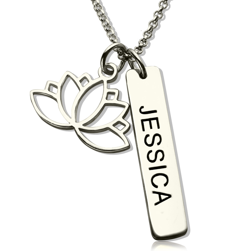 Personalised lotus flower yoga necklace with engraved name tag
