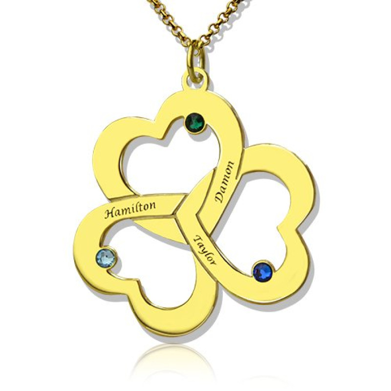 Personalised triple heart birthstone name necklace
