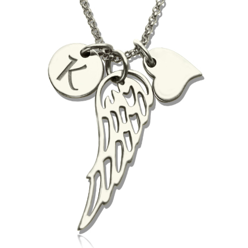 Girls Angel Wing Necklace with Heart Initial Charm Personalised girls angel wing necklace with heart and initial charms