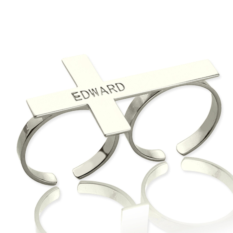 Custom two-finger cross ring with engraved name