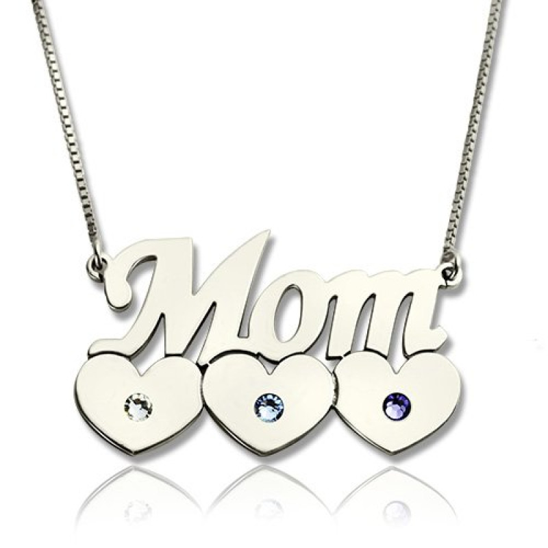 Silver mother necklace with Mom heart pendant and child birthstone detail