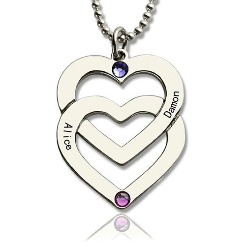 Personalised double heart engraved name necklace in sterling silver