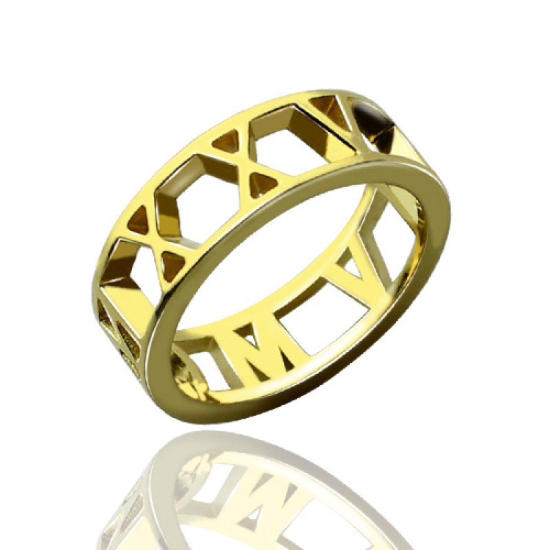 Roman numeral date jewellery ring in 18ct gold plating
