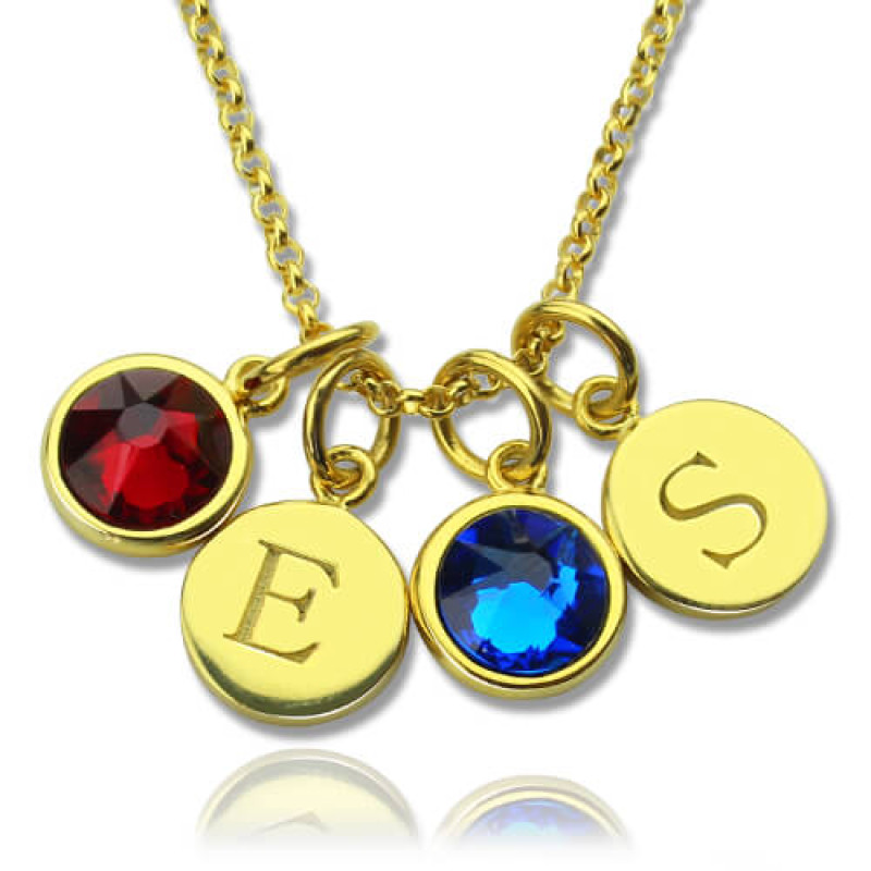 Custom Double Discs Initial Necklace with Birthstones Custom double-disc initial necklace with birthstones