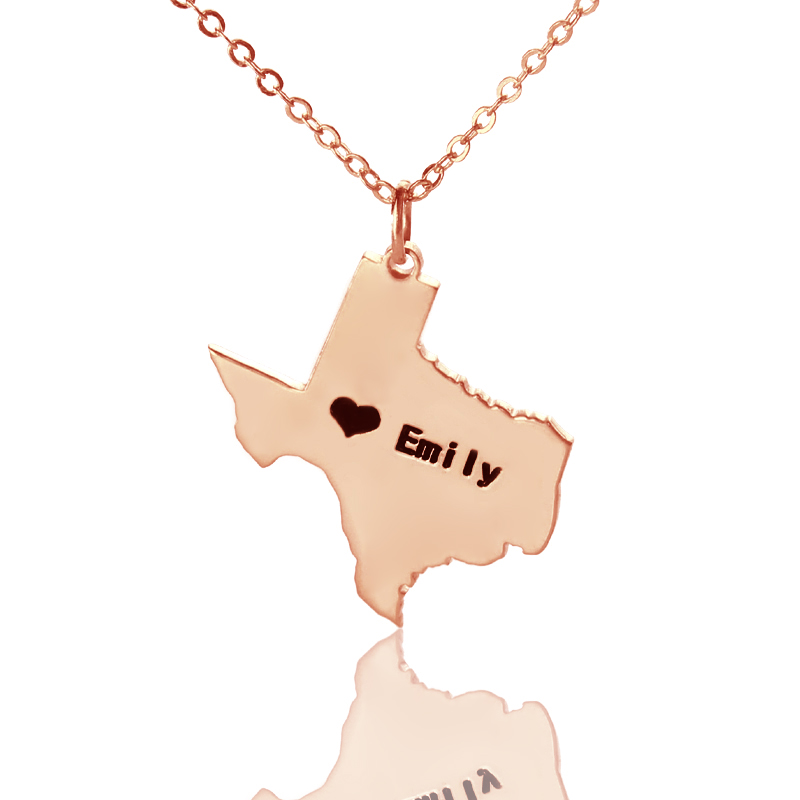 Texas state map heart name necklace in rose gold