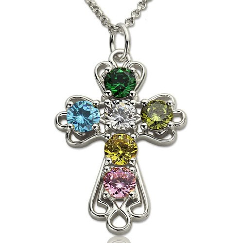 Personalised Cross Necklace with Birthstones Personalised sterling silver cross necklace with birthstones
