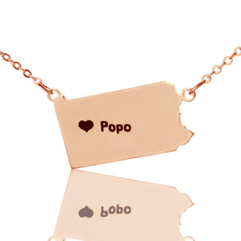 Personalised PA State USA Map Necklace With Heart Name Rose Gold